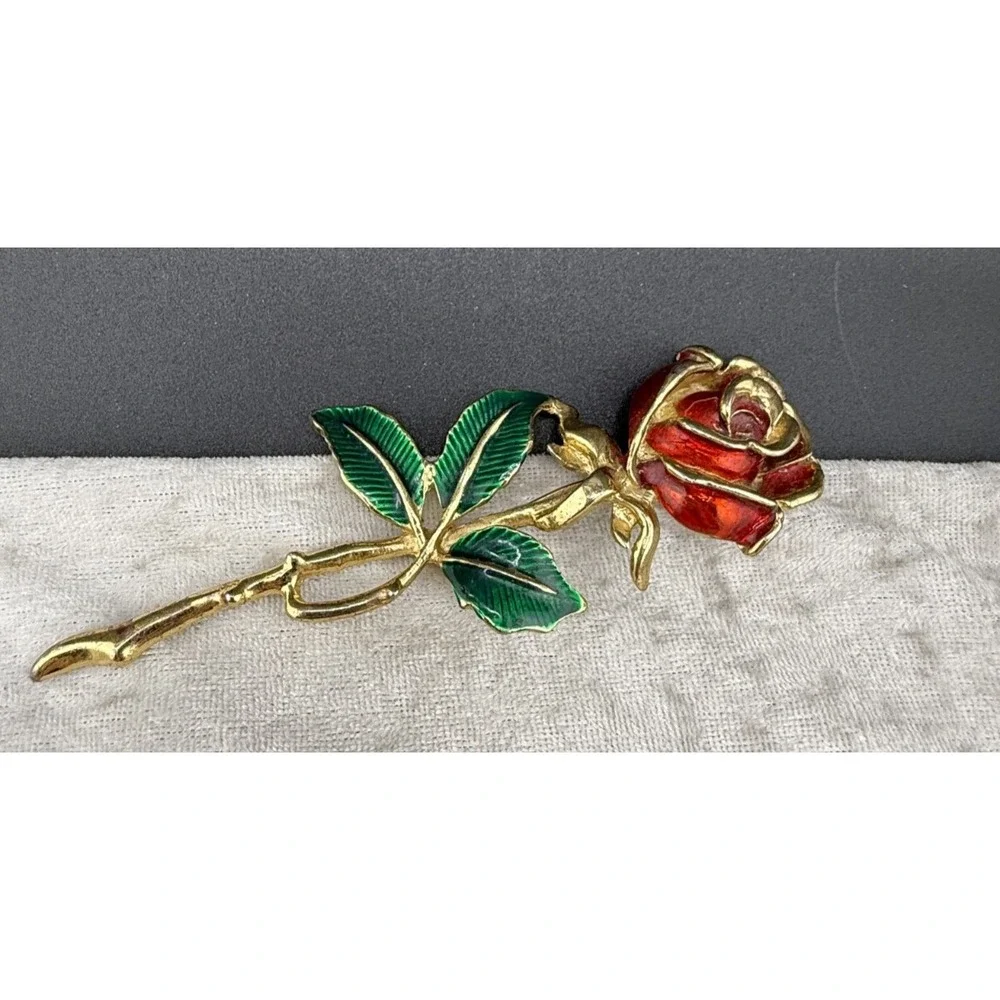 Vintage Rose Brooch Enamel Red Flower‎ Green Leaves Gold Tone Large